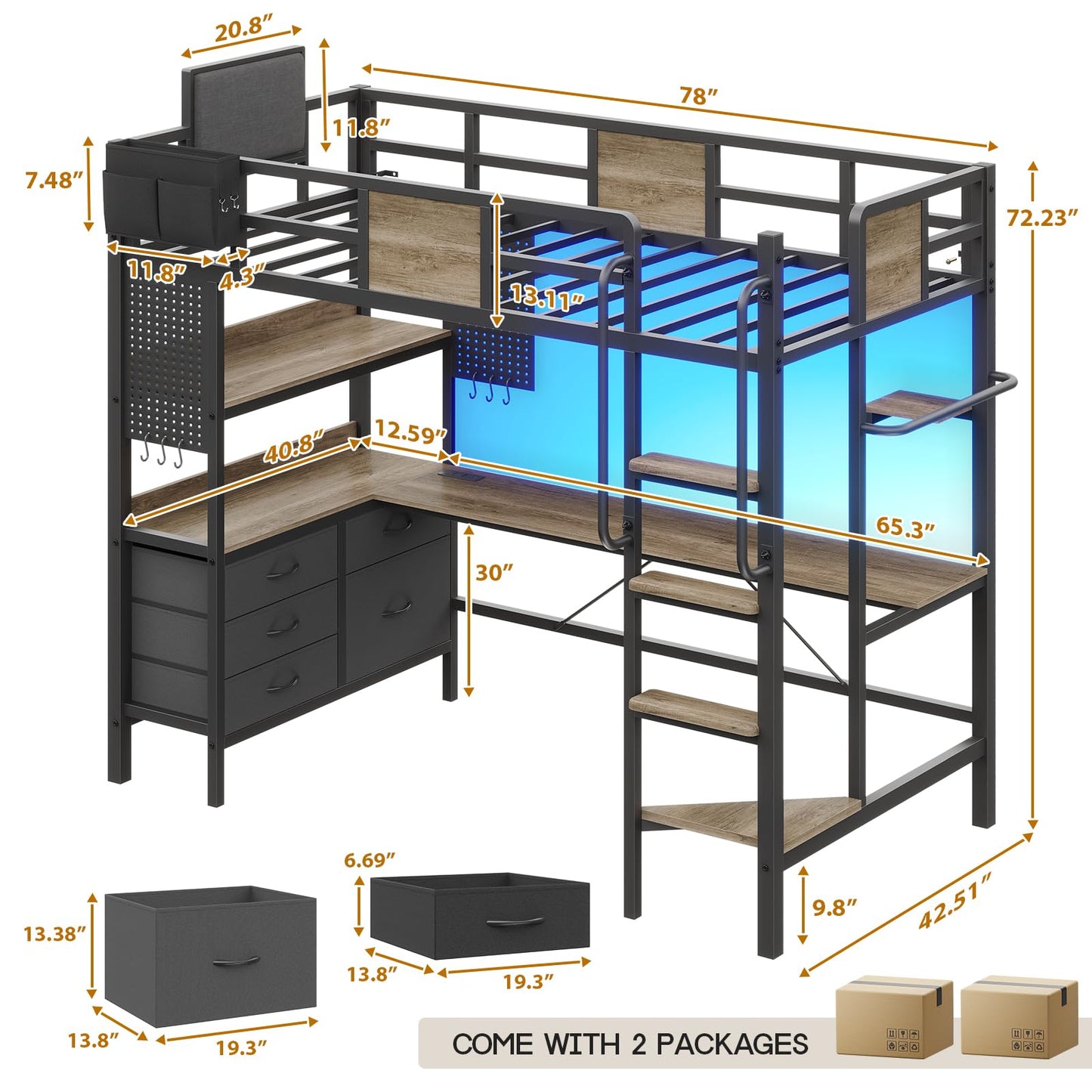Dnxao Twin Loft Bed with Desk and 5 Storage Drawers,Loft Bed Twin Size with LED Lights and Charging Station, Metal Bunk Bed Frame with Ladder, Clothes Rail,Noise Free,Oak Gray