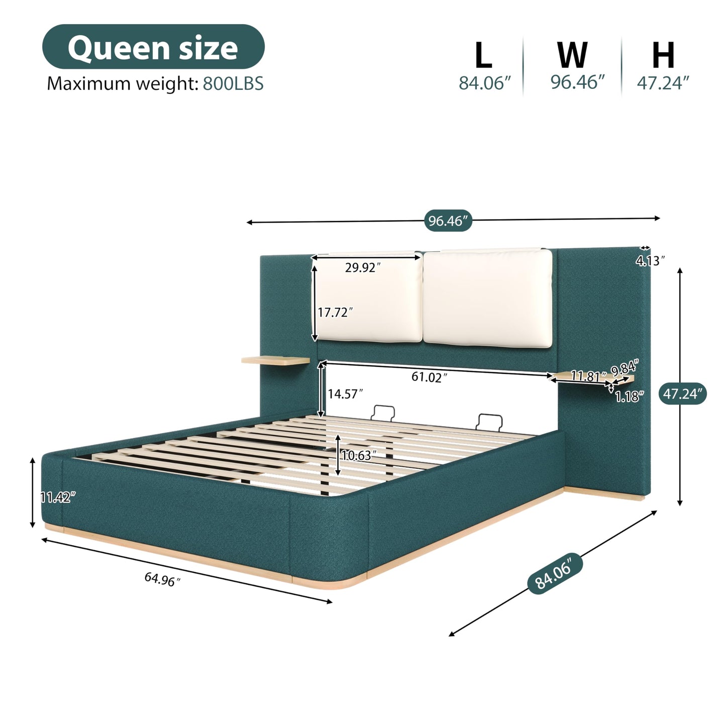 Merax Queen Size Upholstered Platform Bed Frame with Large PU Leather Headboard and Bothside Shelves, Modern Bedroom Furniture & Solid Wood Slats Support, No Box Spring Needed, Easy Assembly, Green