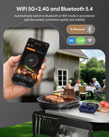 Meat Thermometer Wireless with Dual Probes for Grilling & Smoking | Fitflavor Bluetooth WiFi Meat Thermometer - Smart Meat Probe for BBQ, Oven, Rechargeable IP67 Waterproof