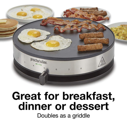 Proctor Silex Electric Crepe Maker with 13” PFAS-Free Nonstick Griddle for Eggs, Pancakes, Omelets and Quesadillas, with Temperature Control, Spatula, Spreader, Batter Cup, Stainless Steel (38400MN)