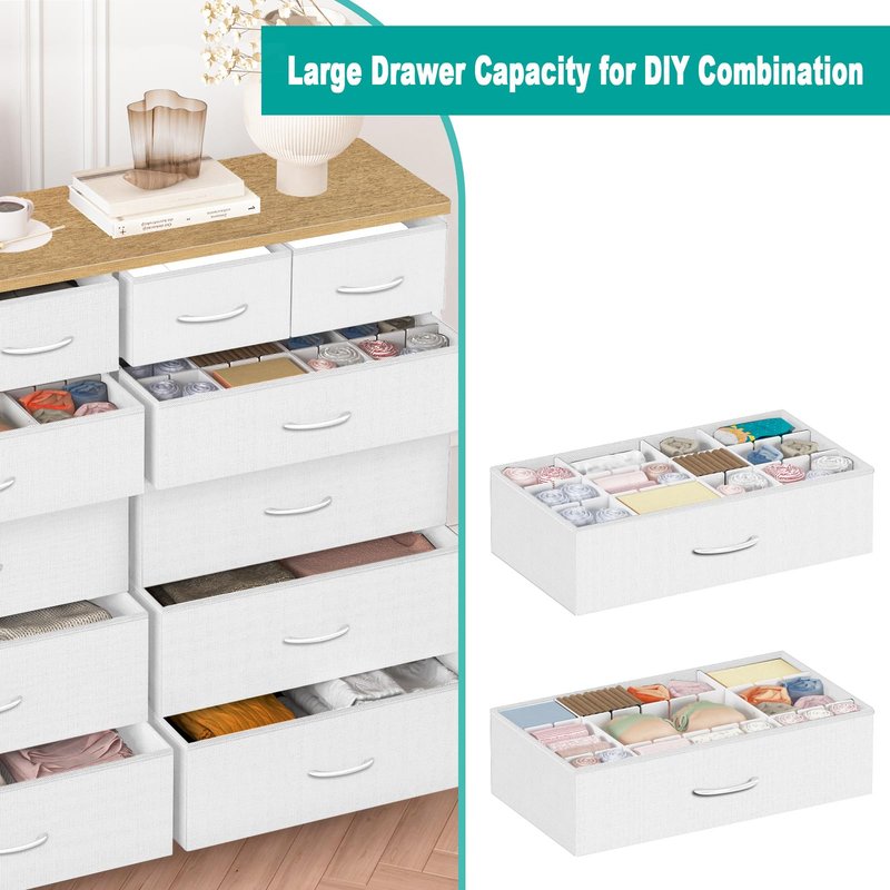VASICAR Compact 12 Drawers Dresser for Bedroom, Fabric Storage Tower, Chest of Drawers with Retro Wood Top for Closet, Nursery, Living Room