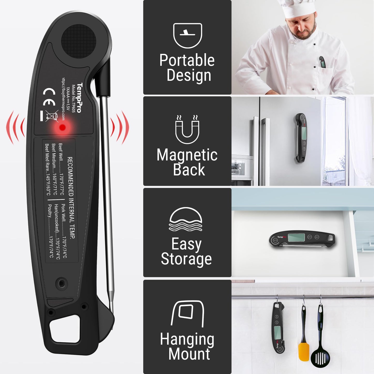 ThermoPro TP605 Instant Read Meat Thermometer for Cooking, Waterproof Digital Food Thermometer with Large Backlit LCD, 180° Foldaway Probe Kitchen Thermometer for Grilling, Smoking & Candy Making