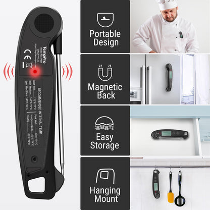 ThermoPro TP605 Instant Read Meat Thermometer for Cooking, Waterproof Digital Food Thermometer with Large Backlit LCD, 180° Foldaway Probe Kitchen Thermometer for Grilling, Smoking & Candy Making
