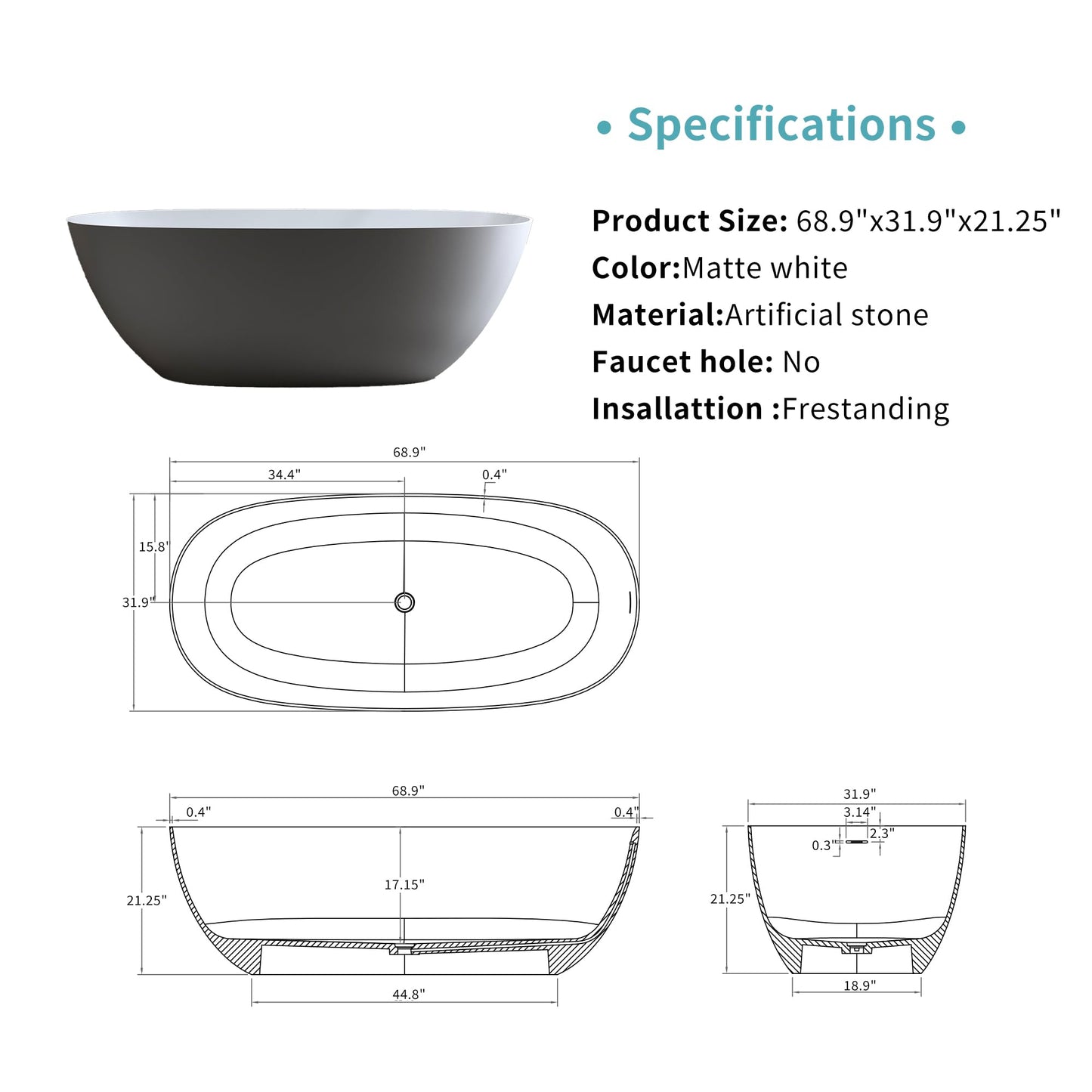 GDFStudio 69" Solid Surface Freestanding Bathtub, Matte White Stone Resin Soaking Tub with Overflow and Pop-Up Drain, Thick Edge Oval Stand Alone Deep Soaker Tub for Modern Bathroom Spa Relaxation