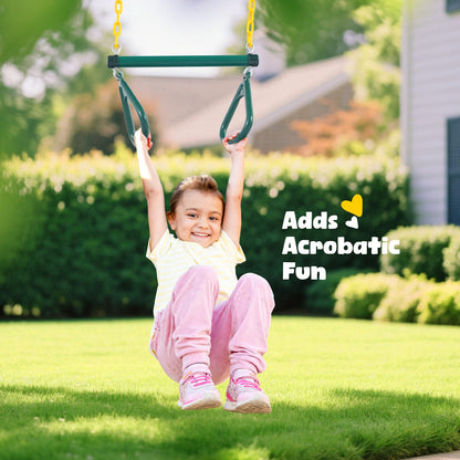Hapfan 9.5' Tall Swing Sets for Backyard with Platform Swing, Heavy Duty Metal Swingset Outdoor for Kids with Trapeze Bar (Green and Brown)