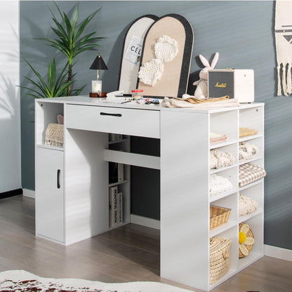 Giantex Craft Table with Storage, Artwork Sewing Table 14 Large & Small Storage Compartments, 1 Sliding Drawer, 1 Cabinet with 2 Shelves, 36'' Counter Height Drafting Writing Sewing Station Desk