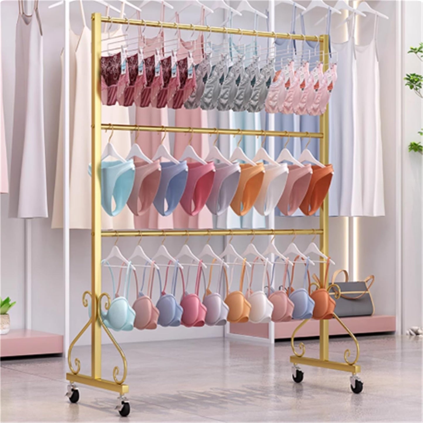 Lingerie Bra Rack with Wheels, Metal, 3 Tier Underwear Display Stand, Anti-Slip, Retail Showshelves, Commercial Clothing Store Shelf, for Shorts, Hats, Sock(Silver,150 * 40 * 130cm)
