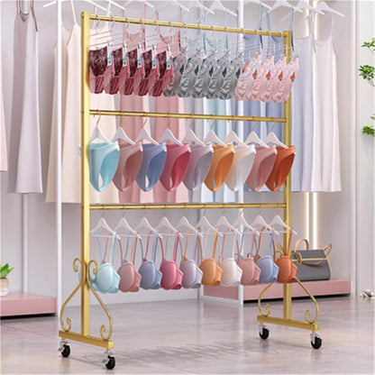 Lingerie Bra Rack with Wheels, Metal, 3 Tier Underwear Display Stand, Anti-Slip, Retail Showshelves, Commercial Clothing Store Shelf, for Shorts, Hats, Sock(Gold,80 * 40 * 130cm)