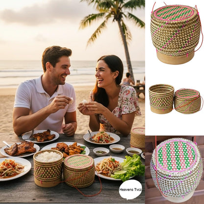 Heavens Tvcz Colorful Bamboo Sticky Rice Basket with Lid & String | 5” Handwoven Thai Lao Rice Container |