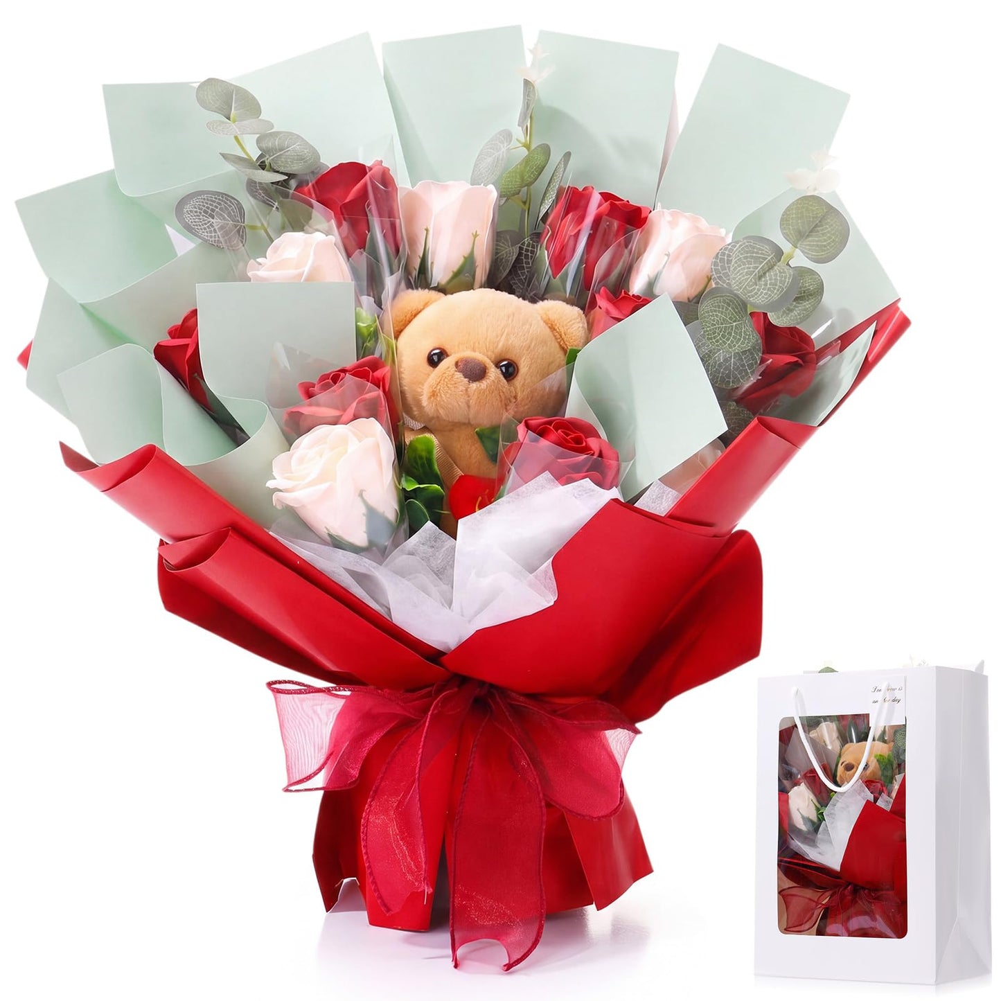 Suncalla Red Mother's Day Money Soap Flower Bouquet Kit, Handcrafted Soap Flower Money Bouquet Kit with Bear and Gift Bag, Unique Wedding, Birthday, Anniversary and Bridal Shower Gift