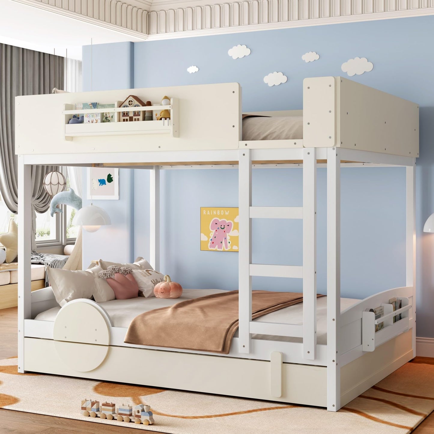 KEIKI Queen Over Queen Size Bunk Bed with Trundle, Pine Solid Wood Triple Bunk Beds Frame with Bookshelf, Guardrail, Slat and Ladders, Automobile Form Design bunkbed for Kids Teens & Adults
