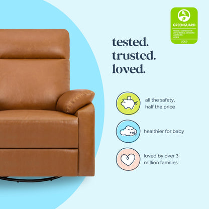 Davinci Suzy Glider Recliner Nursery Chair - Glider Rocking Chair for Nursery and Living Room - GREENGUARD Gold, FSC & Certi-PUR US Certified - 360° Swivel Rocker Recliner Chair (Vegan Tan Leather)