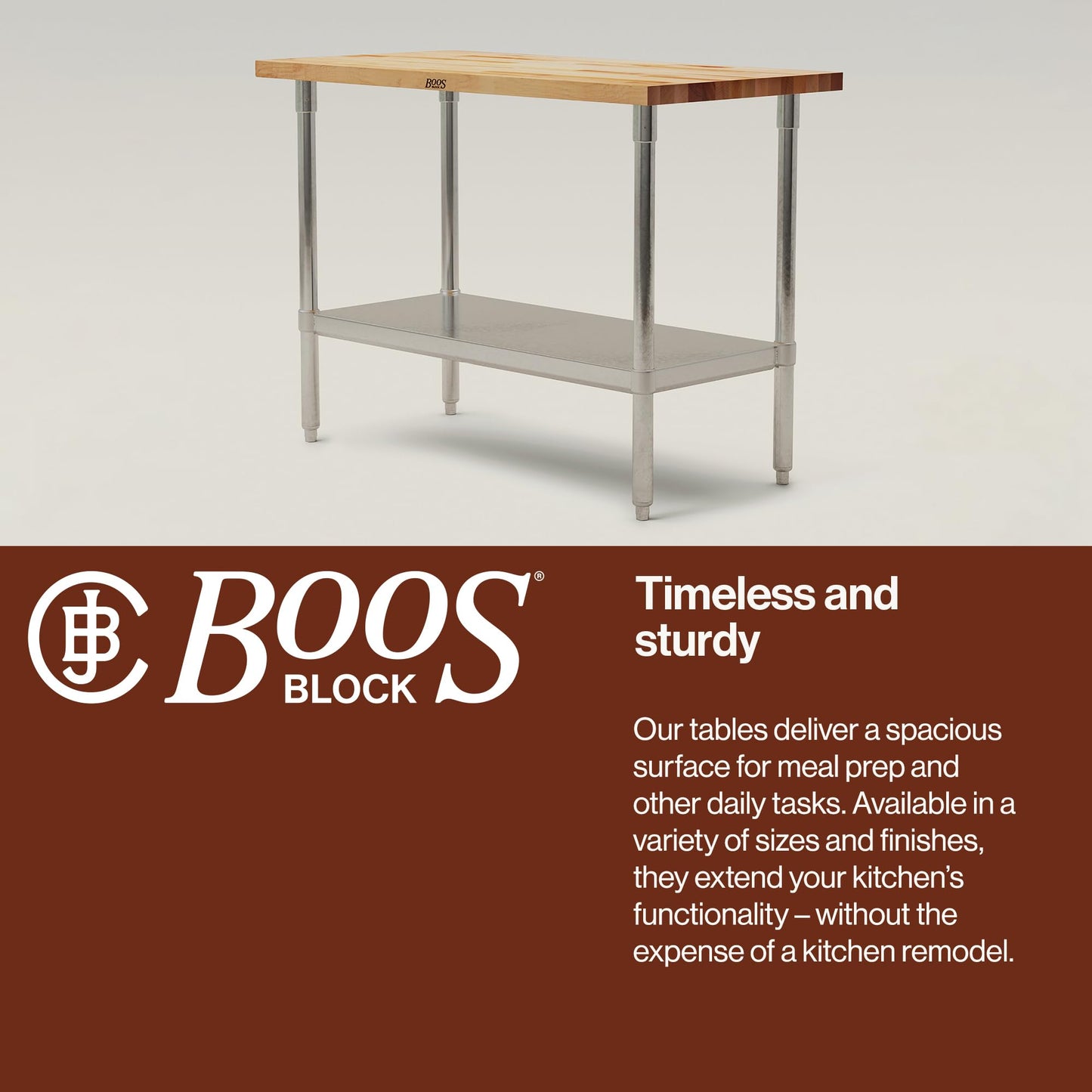 John Boos Maple Wood Top Work Table, 48”x24”x36” – 1.5” Thick Tabletop, 86-lb Kitchen Station with Wooden Edge-Grain Table & Steel Base, & Adjustable Shelf