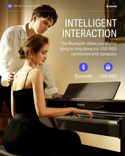 Donner DDP-400 Digital Piano with 88 Key Progressive Weighted Keyboard, Premium Upright Piano Keyboard for Professional, Bundle with Headphone, Bluetooth, Record,138 Tones,100 Rhythms, LCD, Brown