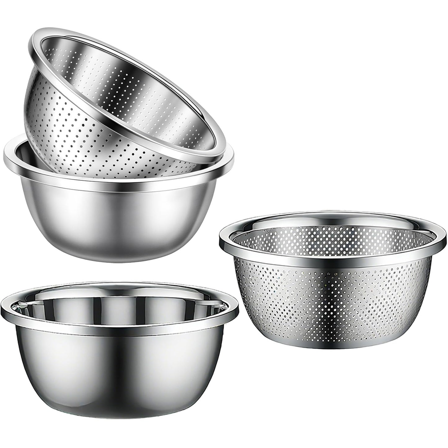 Stainless Steel Mixing Bowls, 4 Pack Rice Washer Strainer Bowl Large Mixing Bowl Salad Mixing Bow, Rice Cleaner Strainer Stainless Steel Colander For Washing Vegetables, Fruit, Rice, Straining Pasta