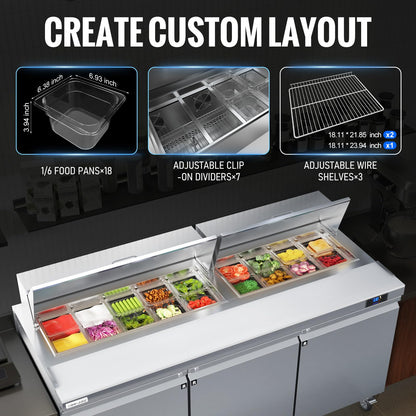 Coolake 72.7'' W 3 Door Commercial Refrigerator Sandwich Salad Prep Table, 22 Cu.ft Stainless Steel Counter Fan Cooling Refrigerator with 18 GN 1/6 Pans for Restaurant Bar Food Truck, NSF, ETL, DOE
