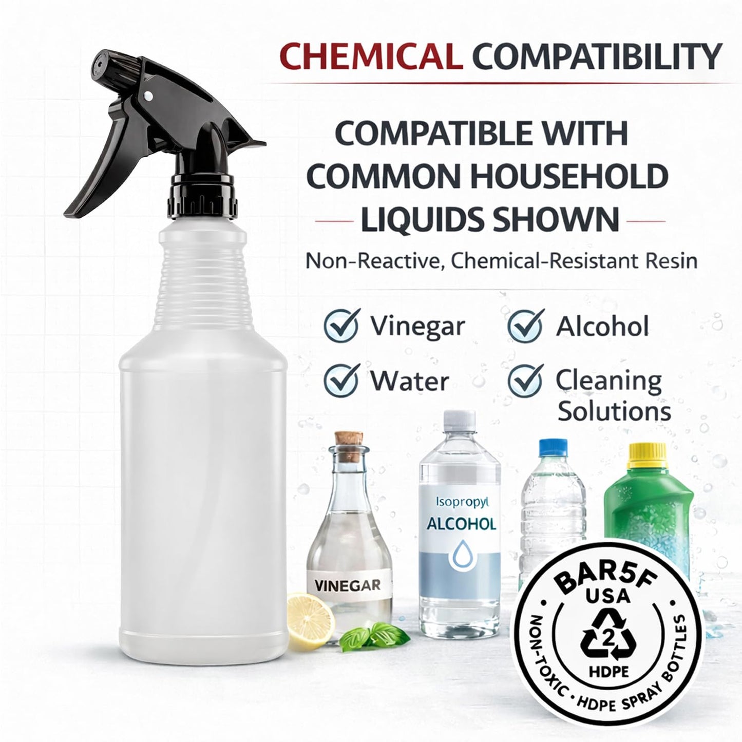 Bar5F Spray Bottles, 24oz, 3 Pack, Chemical-Resistant, BPA-Free, Compatible with Vinegar, Rubbing Alcohol, Cleaning Solutions, Non-Toxic HDPE Bottle for Plants, Pet, BBQ, Auto Detailing, Made in USA
