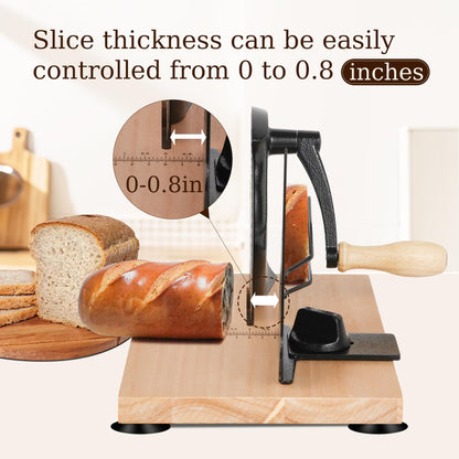 Upgraded Manual Bread Slicer for Homemade Sourdough Bread with Measurement Marks, Adjustable 0"-0.8" Thickness Hand Crank Bread Slicer with Suction Cup for Even Slicing, Kitchen and Commercial, Black