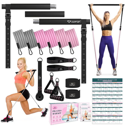 Pilates Bar Kit with Resistance Bands, Multifunctional Yoga Pilates Bar with Heavy-Duty Metal Adjustment Buckle, Portable Home Gym Pilates Resistance Bar Kit for Women Full Body Workouts
