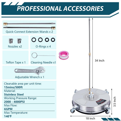 Pressure Washer Surface Cleaner w/Handles & Wheels, Stainless Steel Concrete Cleaner 4000 Max PSI, 3/8" Connector & 1/4" Adapter Power Washer Floor Attachment for Driveways, Sidewalks,Patios,Deck