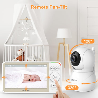 VTimes 5'' Screen Video Baby Monitor with Camera and Audio, 32-Hour Battery, Baby Monitor No WiFi Remote Pan-Tilt-Zoom VOX, Two-Way Talk Night Vision Temperature Display Alarm 8 Lullabies and 1000ft