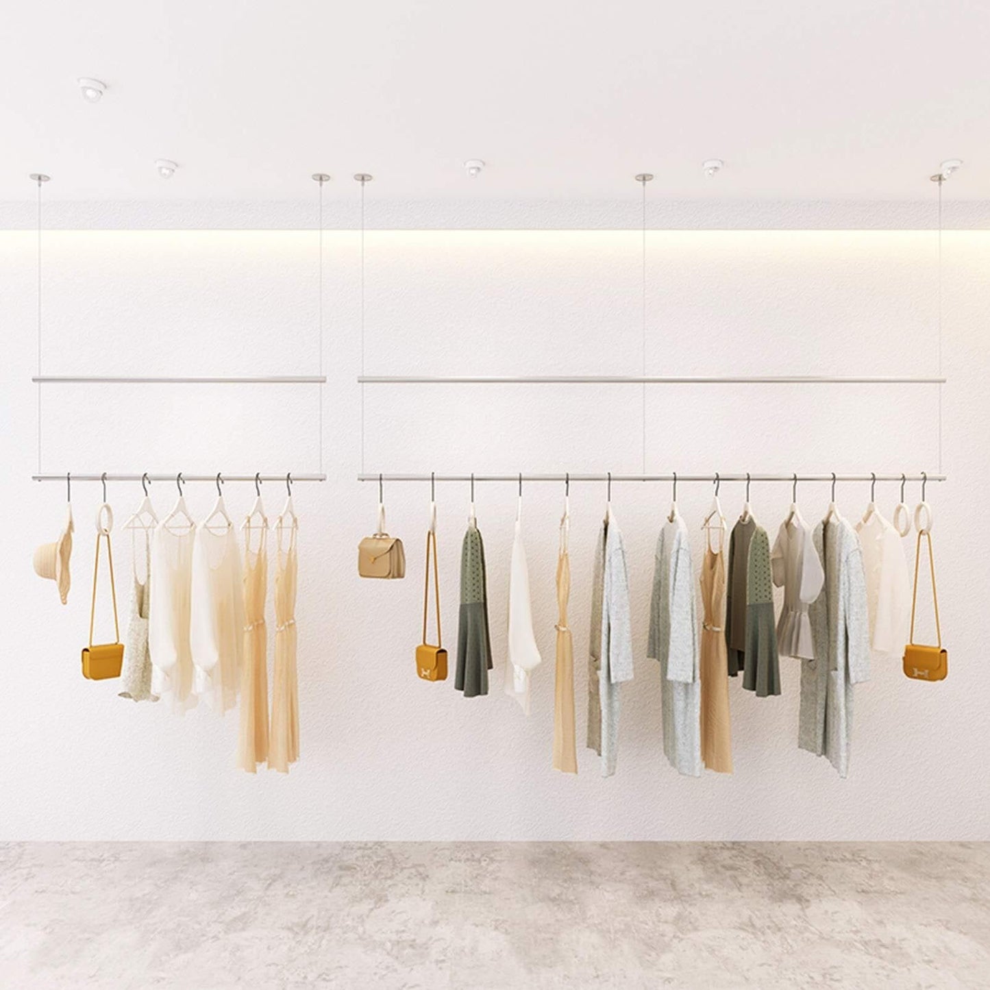 Height-Adjustable Metal Ceiling Clothing Rack, Commercial Display Storage Hanger, Retail Iron Garment Rack with Steel Wire, Ideal for Stores and Home Use(Silver,84cm)
