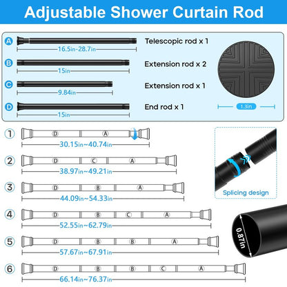 MEXAU 2 Pack Spring Tension Curtain Rods 31-76 Inch Black Shower Curtain Rod No Drilling Adjustable Spring Loaded Curtain Rods 7/8" Diameter Shower Rods for Window Bathroom Closet Doorway Door