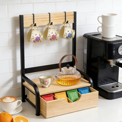 Tea Bag Organizer with Adjustable Drawer, Tea Organizers and Storage with 3 Hooks, Wood & Metal Tea Bag Holder, Tea Box Organizer for Countertop Tea Station, Tea Storage Organizer