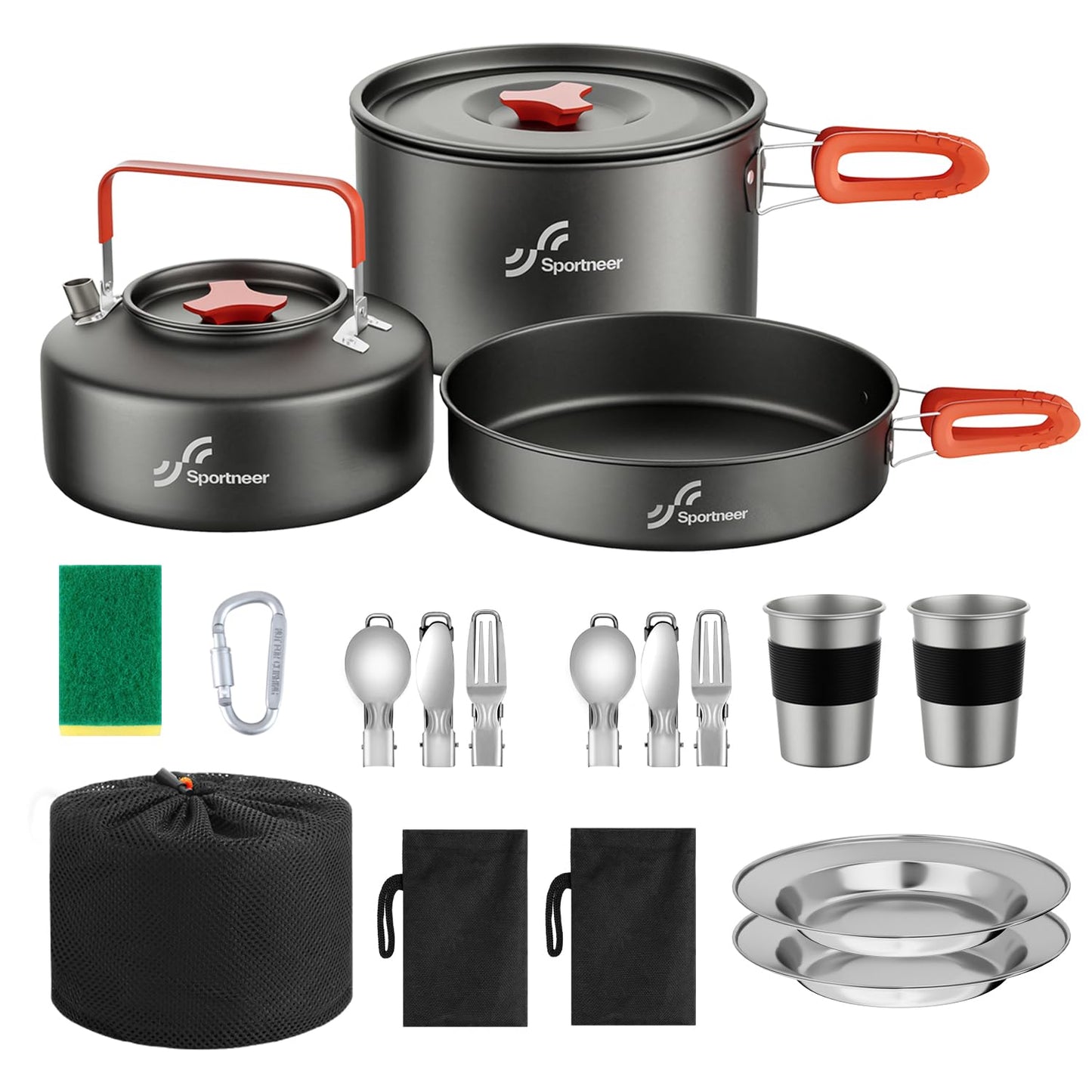 Sportneer Camping Cookware Set, 18Pcs Non-Stick Lightweight Pots, Pan, Kettle with Stainless Steel Cups, Plates, Forks, Knives & Spoons for Camping, Backpacking, Hiking, Outdoor Cooking & Picnic