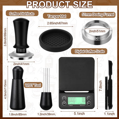 Acellegic 5 Pcs 51mm Espresso Accessories Kit, 3kg/0.1g Accurate Coffee Scale with Timer, Coffee Distributor Spring Loaded Calibrated Tamper WDT Tool and Dosing Funnel Set Fits 51mm Espresso Machines