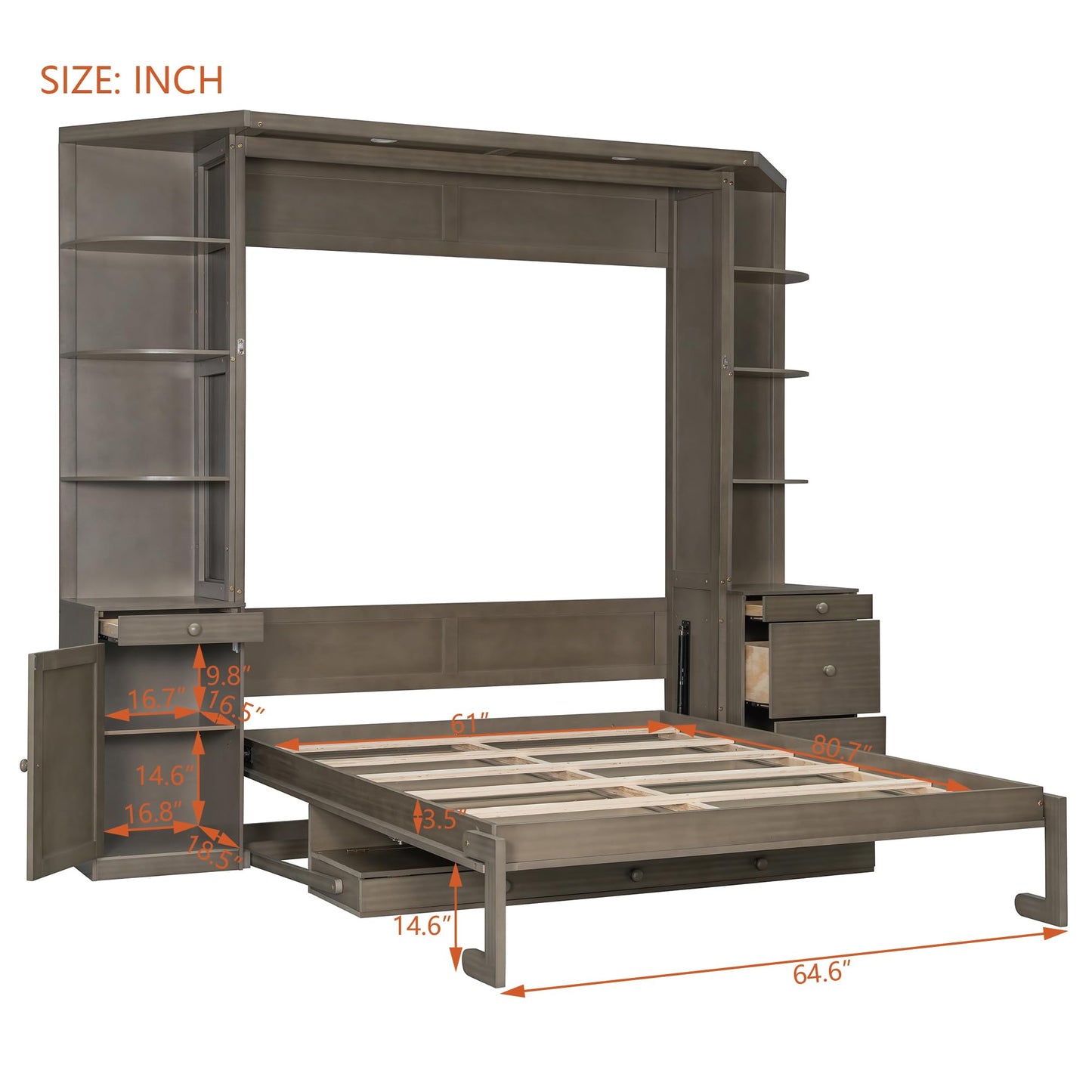 Merax Queen Murphy Bed with Desk and Storage, Hidden Wall Bed with Foldout Workstation, Shelves and Cabinets for Space-Saving Home Office, Gray