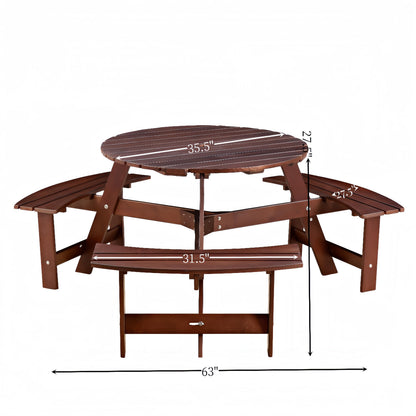 Royard Oaktree 6 Person Wooden Picnic Table, Outdoor Round Picnic Table with 3 Built-in Benches and Umbrella Hole, Outside Table and Bench Set for Backyard, Garden, Porch, Patio, Brown