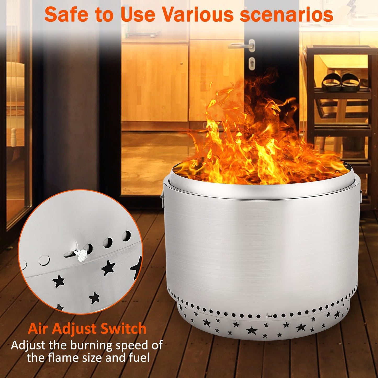 27 Inch Smokeless Fire Pit, Stainless Steel Wood Burning Fire Pits with Removable Stand and Ash Pan, Portable Bonfire Pit with Handle, Outdoor Fire Pit for Camping, Picnic and Family Gathering