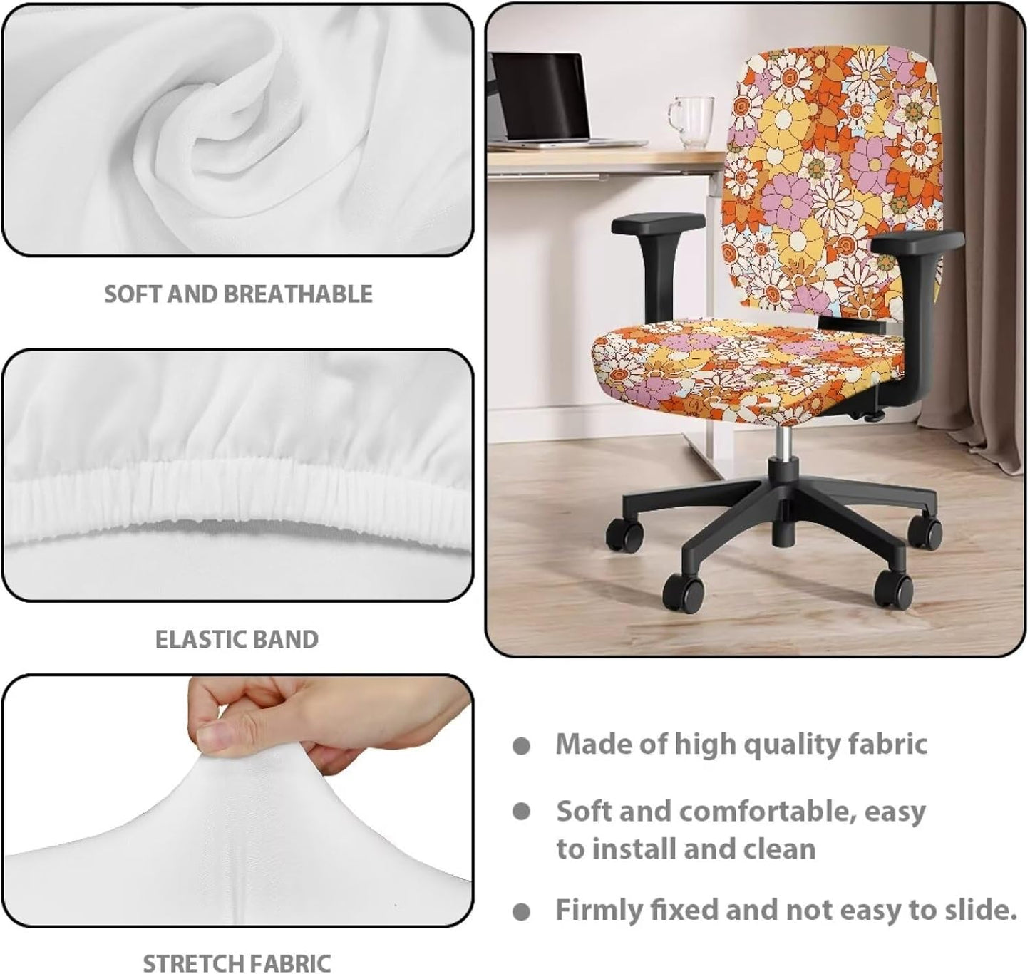 Cadowhimsy 2 Hippie Daisy Flower Print Office Chair Slipcover Piece Desk Chair Cover Removable Computer Chair