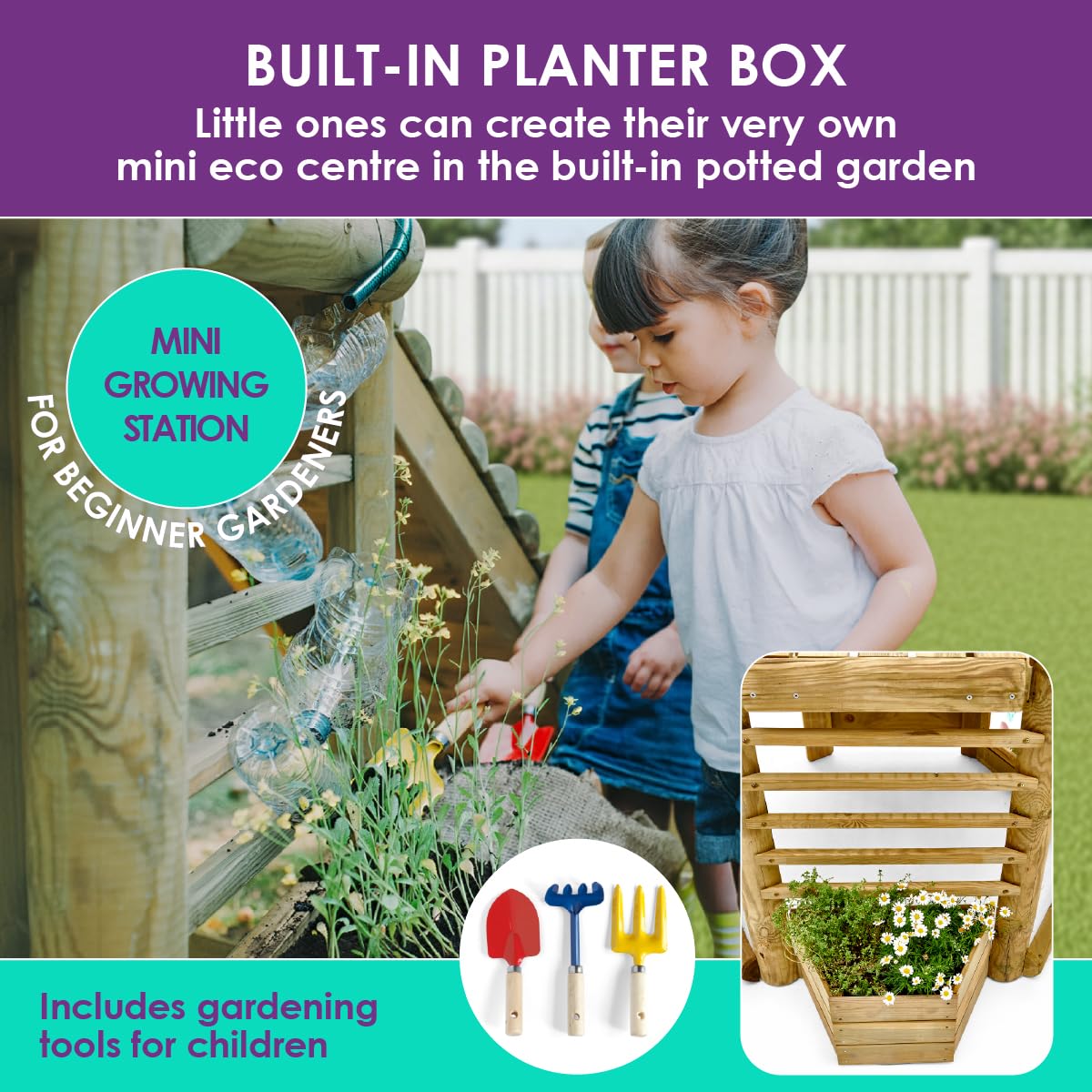 Plum Discovery Wooden Outdoor Playset, Toddler Slide, Playground Sets For Backyards, Kids Yard Play Equipment with Painting Easel, Bucket, Built-In Planter Box, Climbing Wall, Weatherproof, Age 3+ Yrs