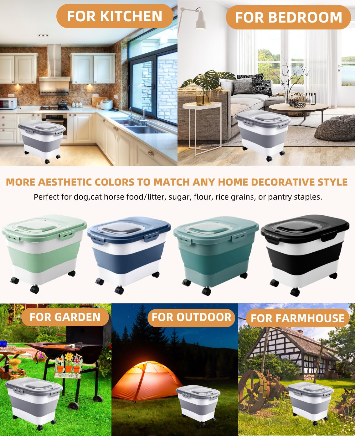 DDMOMMY 20-30 Lbs Rice Storage Container,Collapsible Food Storage Containers with Rolling Wheel Airtight Locking Lid,Flour Storage Container with Cup and Scoop,Suitable for Food,Rice,Pet Food,Flour