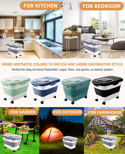 DDMOMMY 20-30 Lbs Rice Storage Container,Collapsible Food Storage Containers with Rolling Wheel Airtight Locking Lid,Flour Storage Container with Cup and Scoop,Suitable for Food,Rice,Pet Food,Flour