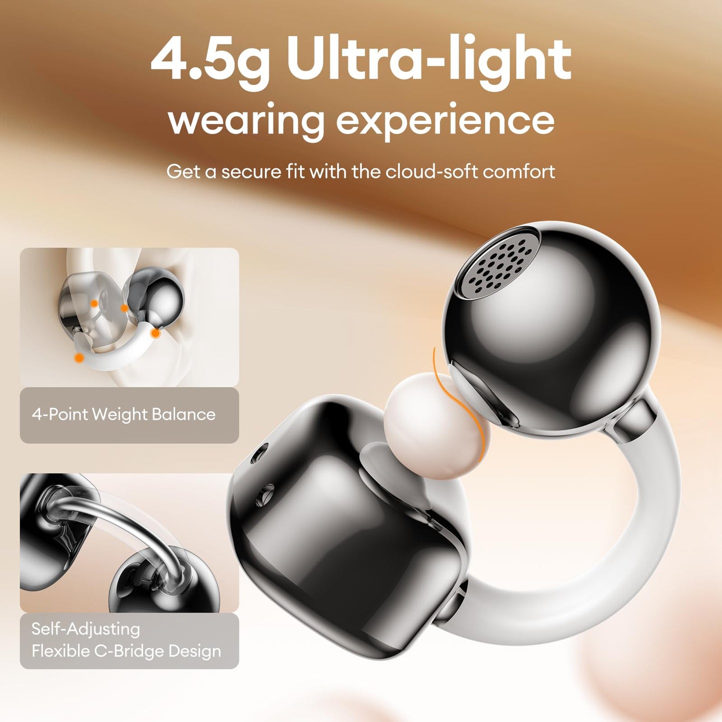 PAXA Clip On Earbuds, Clipbuds7 Open Ear Earbuds Wireless Bluetooth 5.4 with LED Display, Auto L-R Ear Recognition and Touch Control, Ultra-Light 4.5g Fit Comfort for Sports Fitness Daily Use, Silver