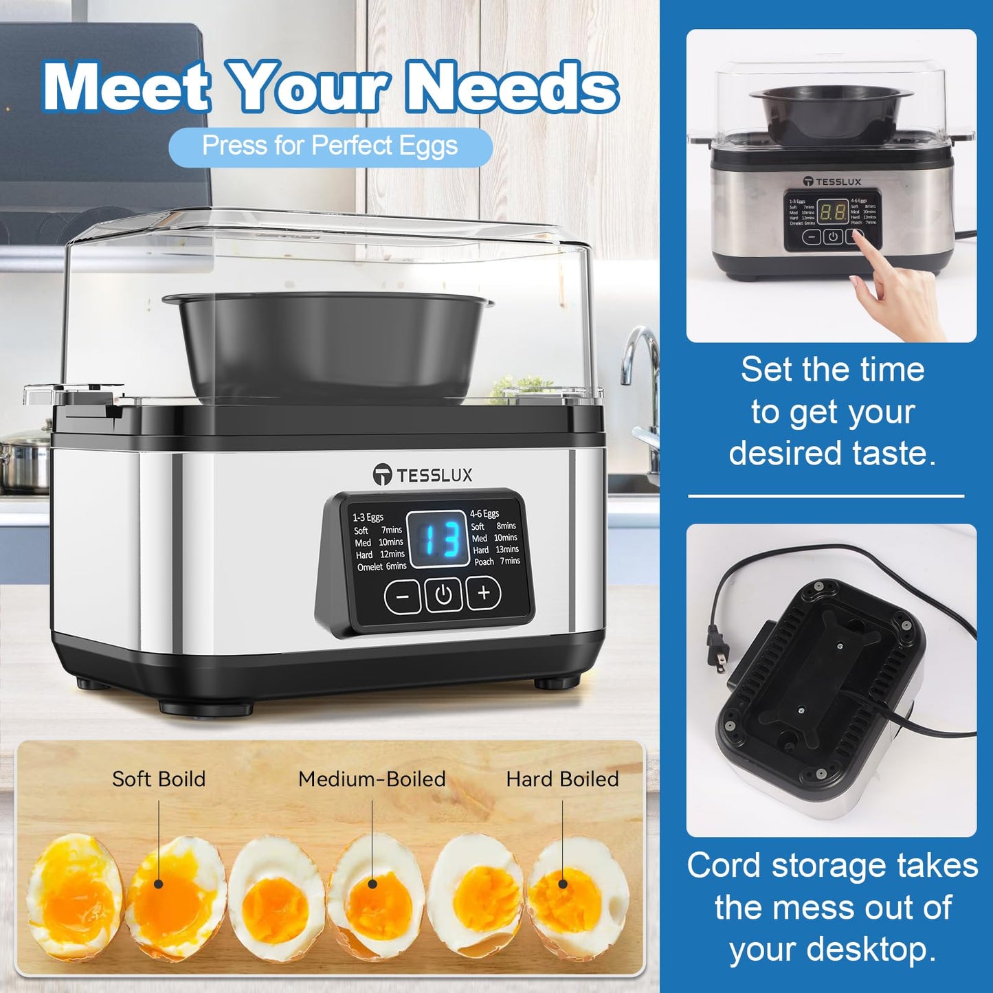Tesslux Electric Rapid Egg Cooker, 6 Egg Capacity for Hard Boiled Eggs, Poached Eggs, Scrambled Eggs, or Omelets Maker with Auto Shut Off (Sliver)