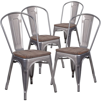 Flash Furniture Lincoln 4 Pack Clear Coated Metal Stackable Chair with Wood Seat