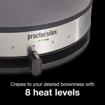 Proctor Silex Electric Crepe Maker with 13” PFAS-Free Nonstick Griddle for Eggs, Pancakes, Omelets and Quesadillas, with Temperature Control, Spatula, Spreader, Batter Cup, Stainless Steel (38400MN)