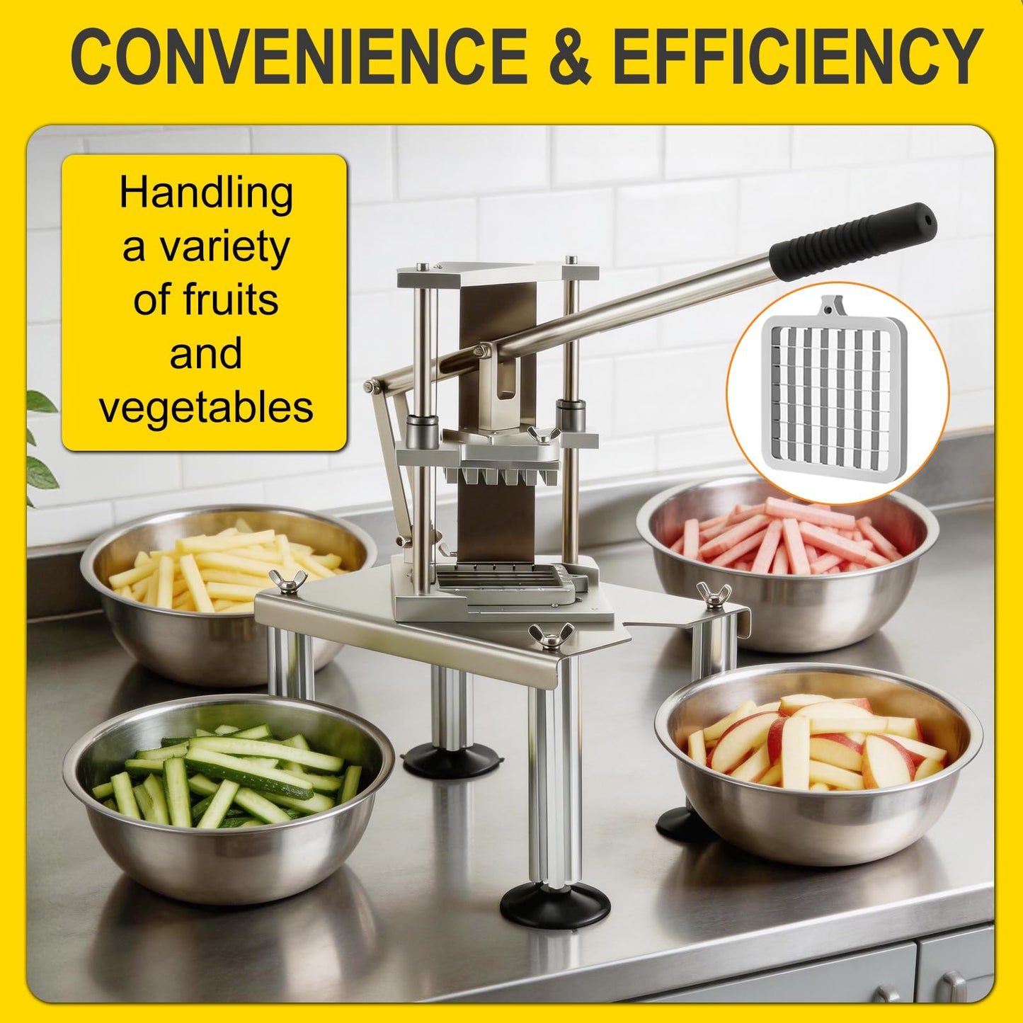 Commercial Heavy Duty French Fry Cutter, Stainless Steel Potato Slicer with 1/2" & 3/8" 2 Blades, Strong Suction Manual Vegetable Cutter for Restaurant, Food Truck, Home Commercial Kitchen