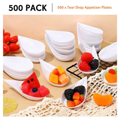 Foaincore 500 Pcs 4 Inch Appetizer Spoons Tear Drop Mini Appetizer Plates Plastic Catering Supplies Disposable Tasting Spoons Asian for Desserts Sauces Sushi Ice Cream Sample Serving Party (White)