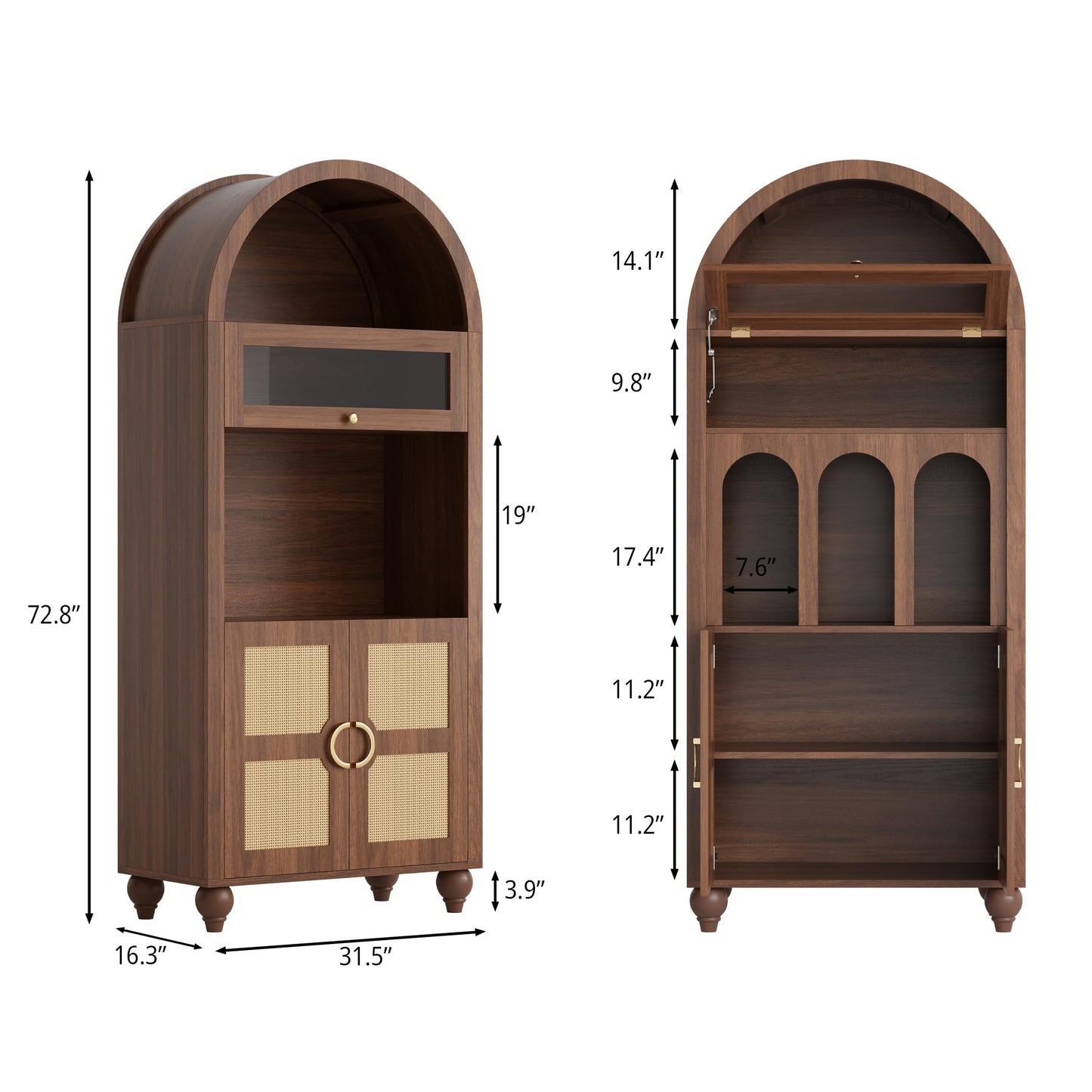 LIKIMIO 72.8" Tall Arched Cabinet, 5-Tier Bookshelf, LED Light Display Cabinet with Glass Doors, Rattan Storage Pantry with Adjustable Arch Shelf for Kitchen, Living Room, Office, Walnut