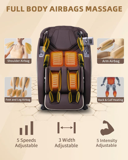RelaxRelife Full Body Zero Gravity Massage Chair with Body Scan 4D Intelligent Shiatsu Strecth Massage, Back/Leg Heated with AI Voice Control Bluetooth Speaker Airbags SL Track Massage Coffee
