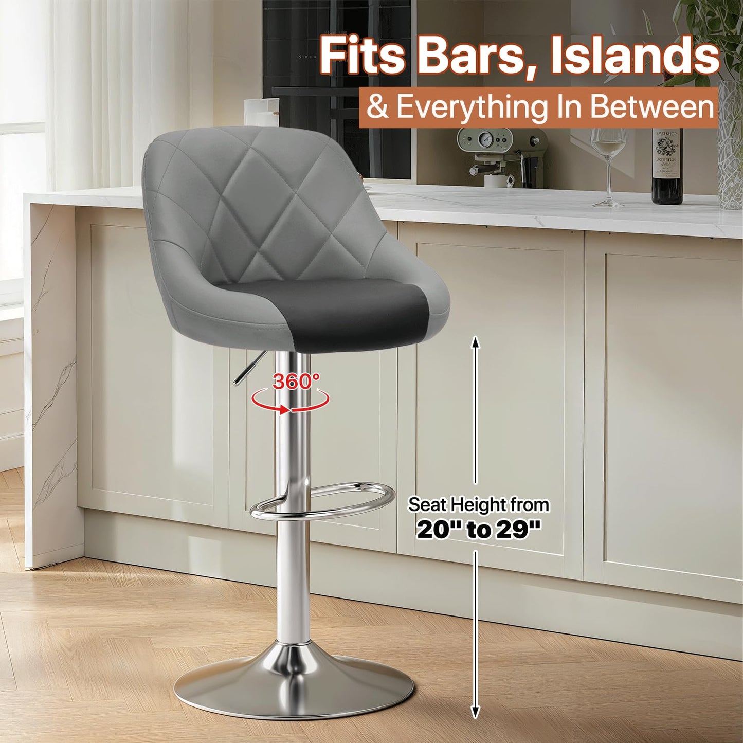 Magshion Set of 4 PU Leather Bar Stools, Adjustable 360 Degree Swivel Backrest Footrest Barstool for Dining Counter Pub, Gray/Black
