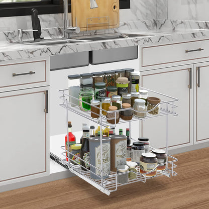 Fulgente Chrome Finish Pull Out Drawer Cabinet Organizer, Professional Wire Frame 2 Tier Heavy Duty Slide Out Kitchen Cabinet Storage Shelves, Sliding Drawer for Cabinet 11"W x 21"D