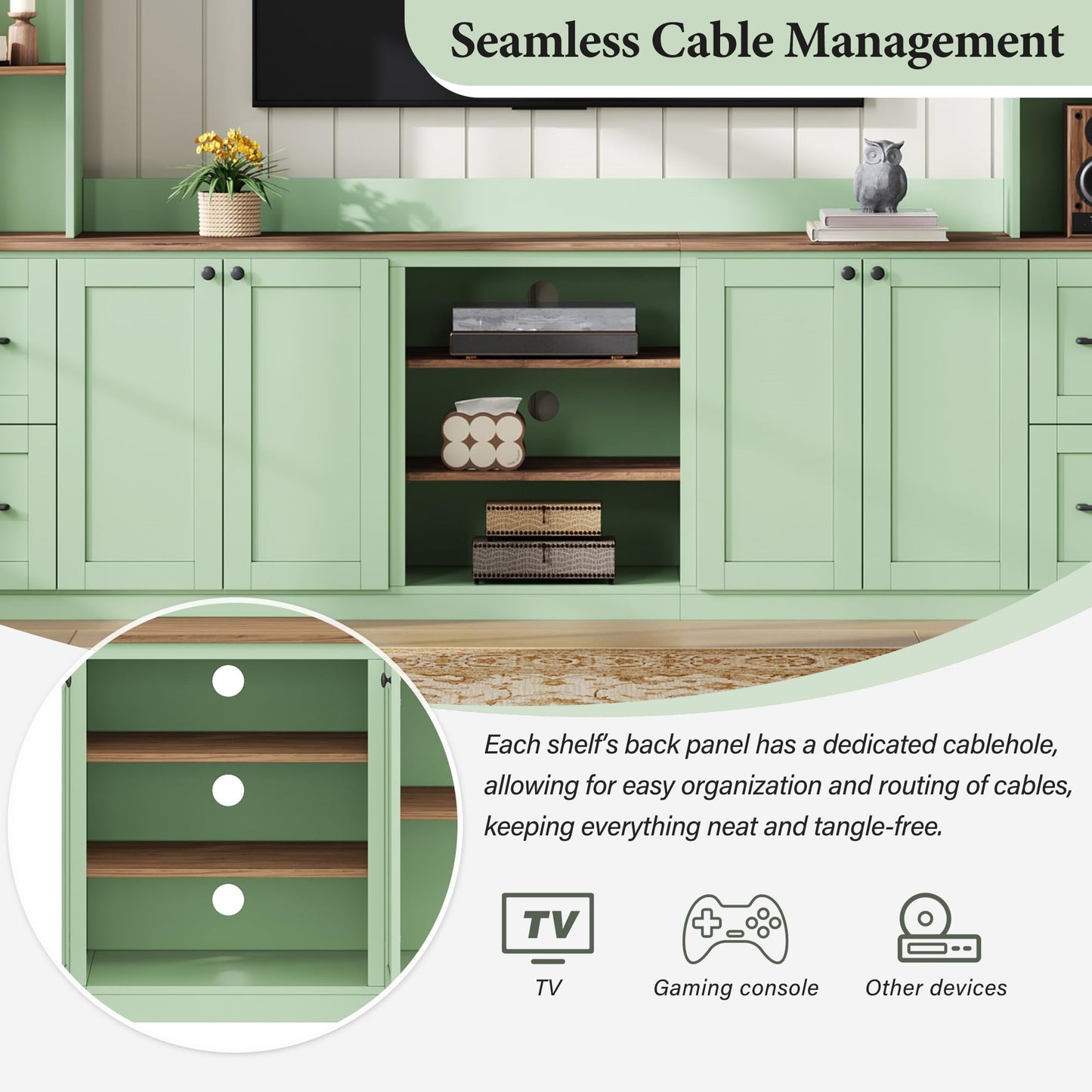 Ball & Cast 94.8" Entertainment Center Wall Unit with Bookshelf for TVs Up to 70",Farmhouse Large TV Stand with Walnut Adjustable Shelves,Retro Media Console with 4 Drawers for Living Room,Mint Green