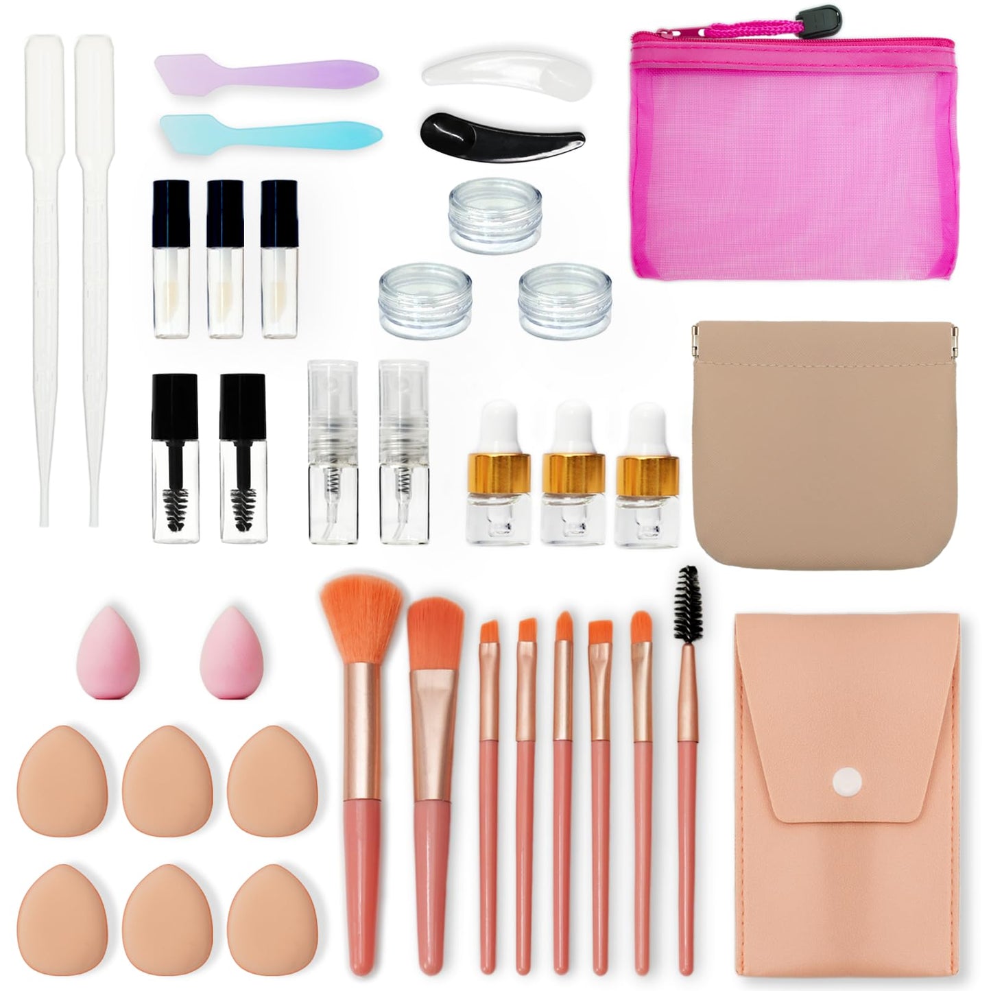 PrettyCare 38 pcs Mini Makeup Containers Set, Birthday Gifts for Women, Her, Mom, Travel Size Bottles Kits with Brushes, Mini Dropper Bottles, Spray Bottles, Lip Tubes for Skincare & Essential Oil
