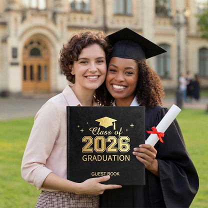 Pajean 2026 Graduation Guest Book Set with Photo Guest Book Sign Holder Dual Tip Pens Photo Corner Stickers Grad Cap Stickers for Congrats Grad Party Supplies Favors Gifts(Black Gold)